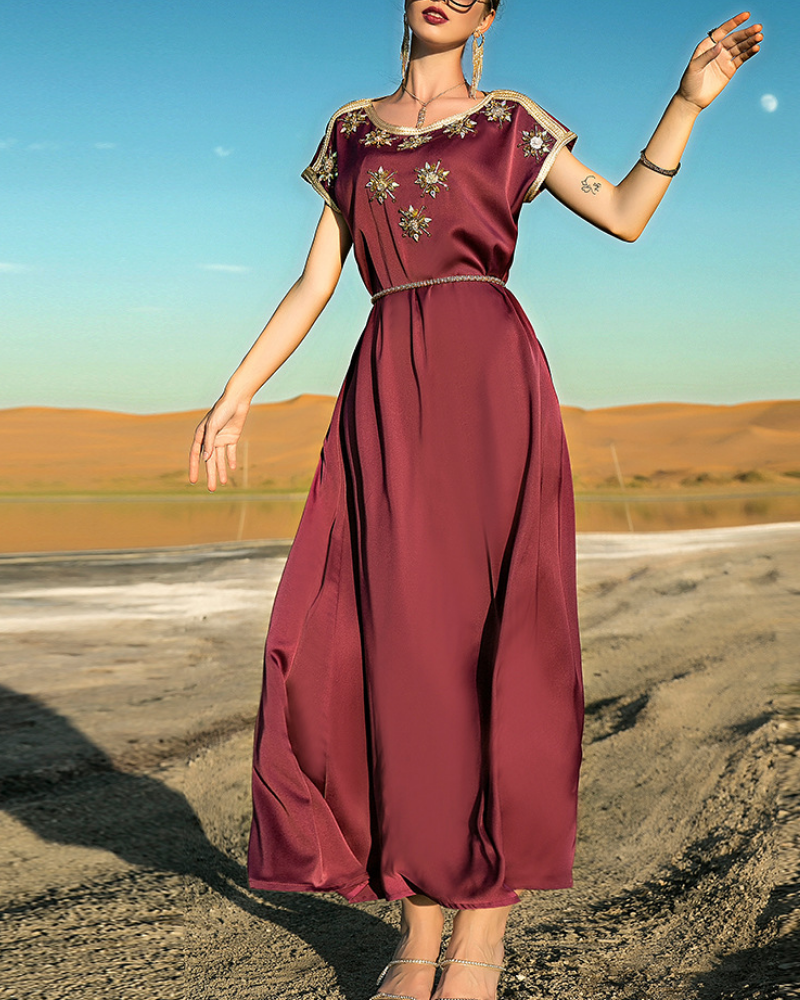 Burgundy Heavy Duty Hand-Drilled Short Sleeve Vintage Dress with Belt