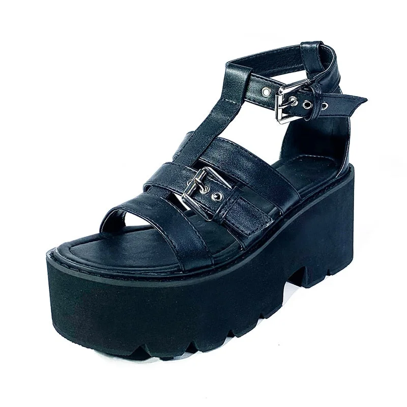 Gdgydh T-strap Block Heel Platform Sandals Women 2021 New Summer Shoes Female Black Heels With Ankle Strap Punk Rock Drop Ship