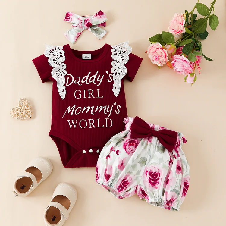 Baby Girl Floral Ruffle Romper  Shorts Headband Set