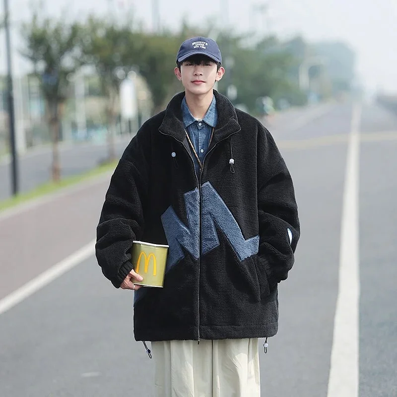 Aonga - Korean Harajuku Style Technical Jacket Streetwear Trend Hip Hop Thick Warm Coats Winter Embroidery Fleece Bomber Jacket For Men