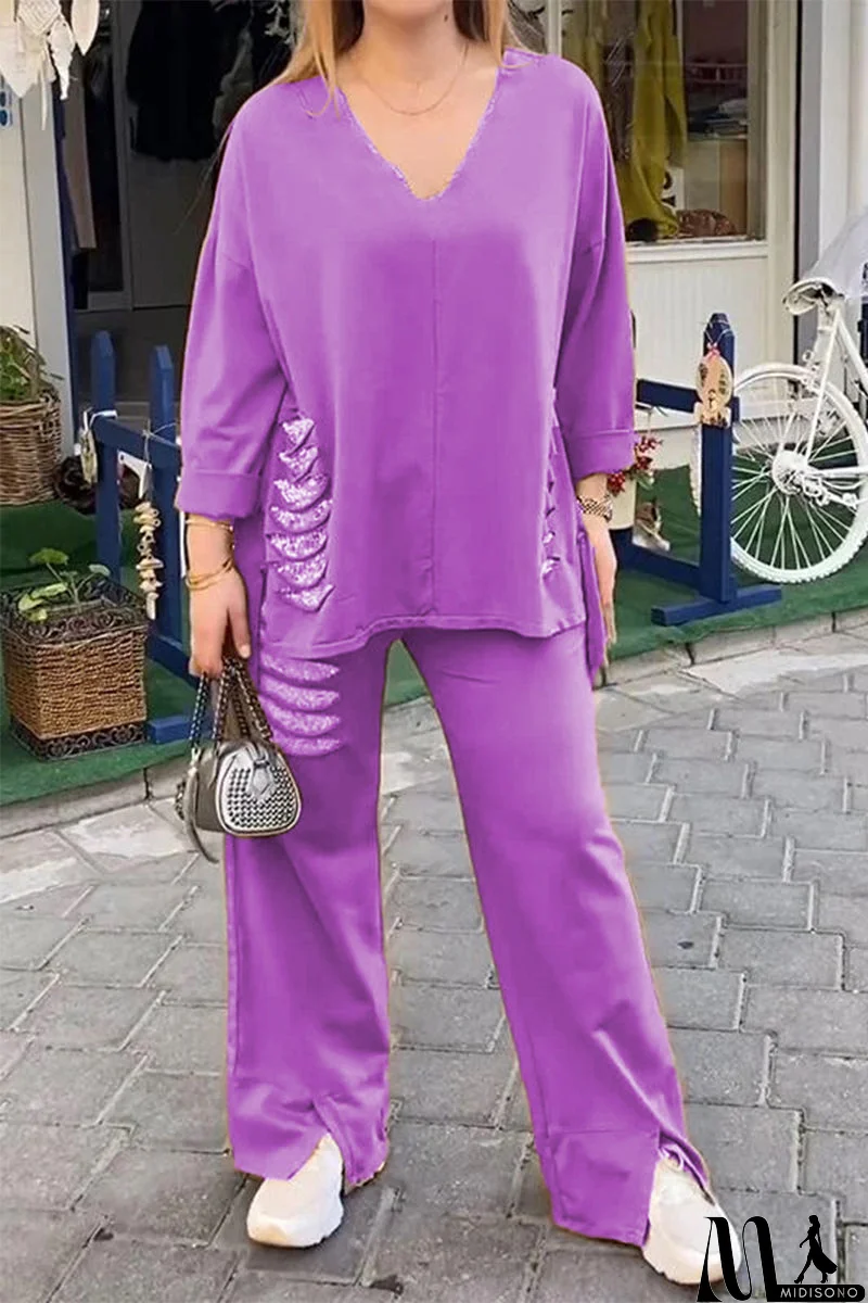 MidiSono - Casual Daily Ripped Sequins Irregular V Neck Half Sleeve Two Pieces(8 Colors)