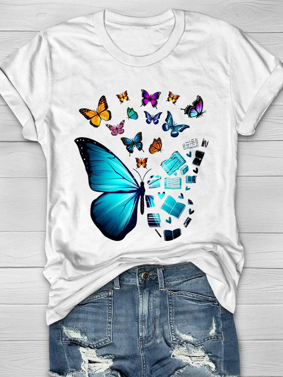 Butterflies And Books Print Short Sleeve T-Shirt