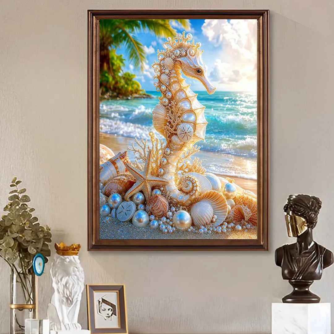 Pearl Seahorse Ornament Full DIY 5D Round Drill Diamond Painting Kit for Adults/Beginners Gift Home Decor Diamond Dots Paintings Picture Arts Craft 30x40cm