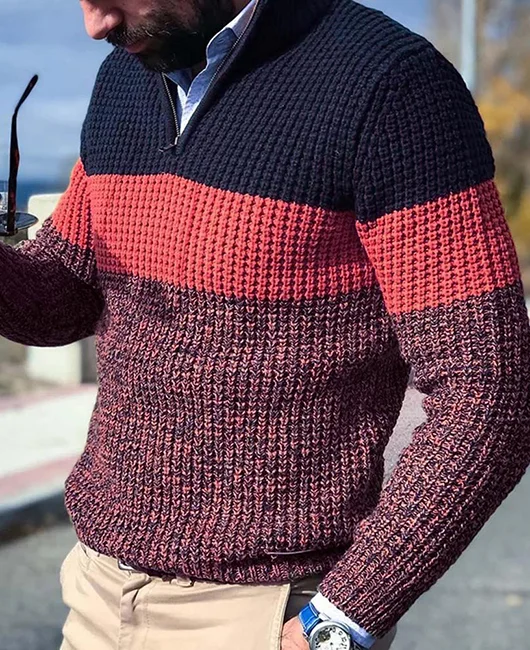 Half Placket Zipper Colorblock Rib Knit Long Sleeve Sweater Okaywear