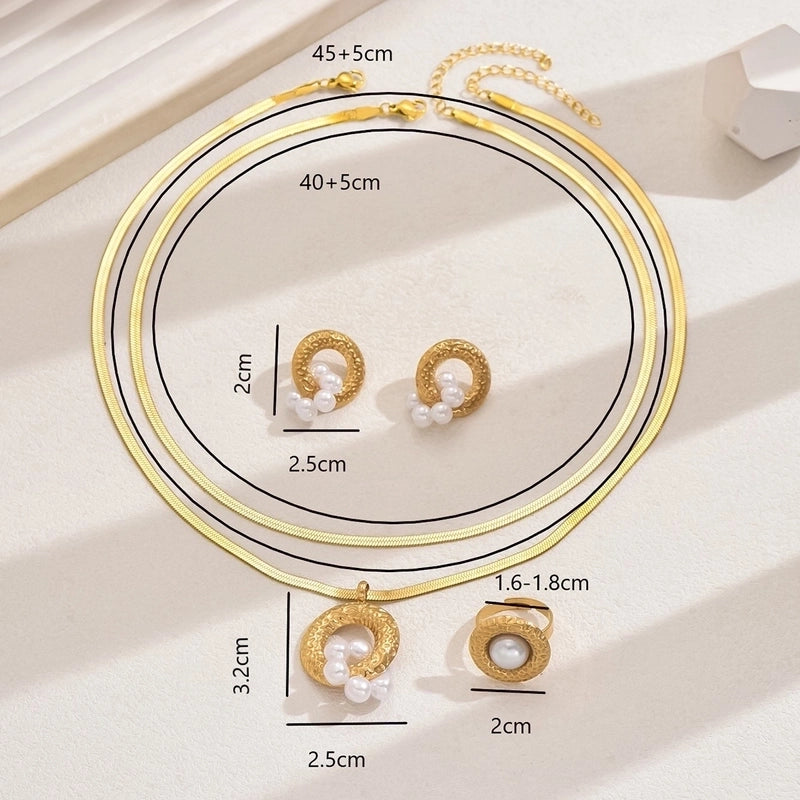 Elegant French Style Geometric 201 Stainless Steel Pearl 18K Gold Plated Inlay Stainless Steel Jewelry Sets
