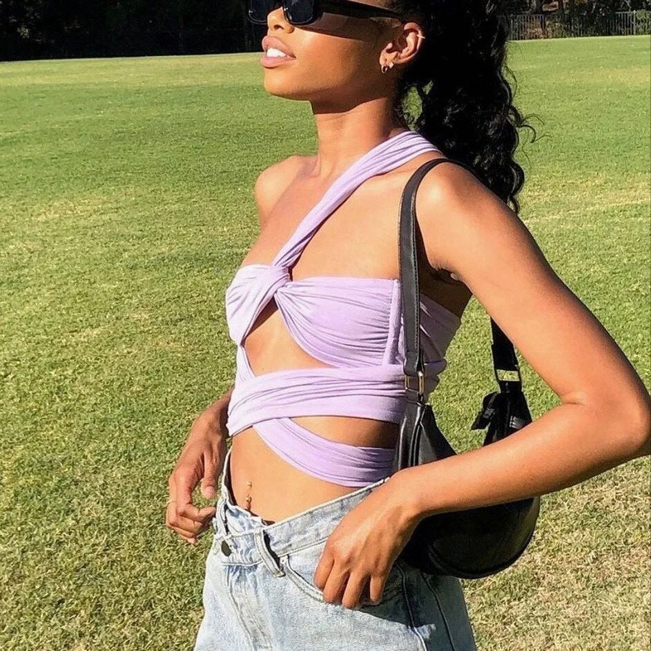 Cryptographic Sleeveless Backless Halter Cross Crop Tops Women Summer Chic Fashion Club Party Sexy Bandage Tie Top Cropped Solid