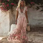 Vintage Boho Roses Embroidered Flowy Linen Maxi Dress - Image 2