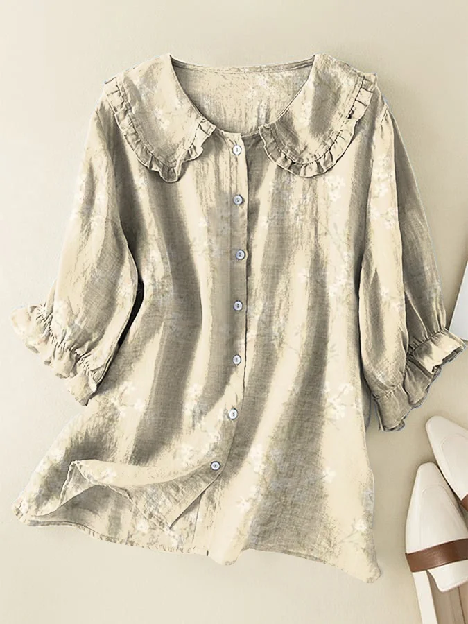 Floral Cotton and Linen Peter Pan Ruffle Collar Shirt
