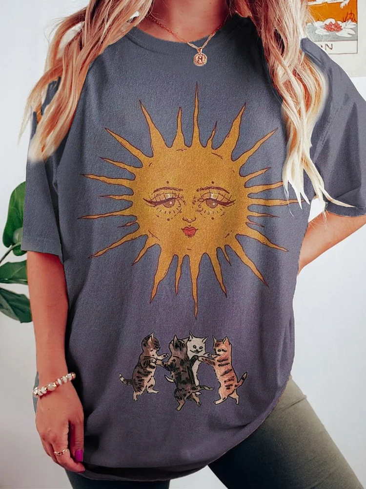 Women's Cat Art Print Crew Neck Causl Shirt