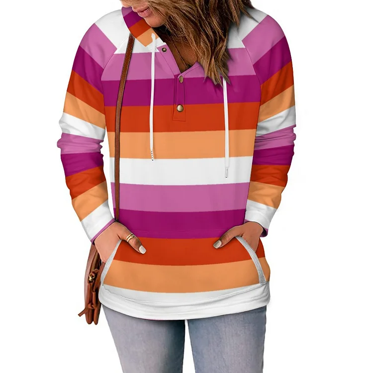 Womens Hooded Button Collar Drawstring Hoodies Pullover