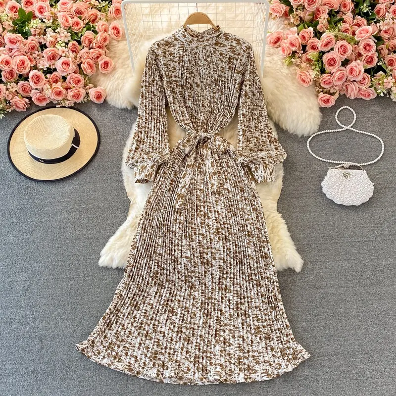Uveng New Women French Loose Pleated Printed Long Dress Elegant Long Sleeve A-line Lady Clothes Autumn Female Maxi Dress