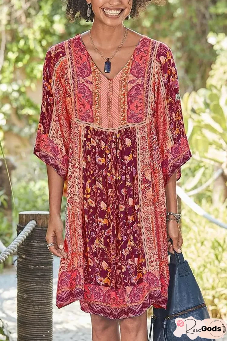 Bohemian Floral Print V-Neck Half Sleeves Holiday Midi Dress