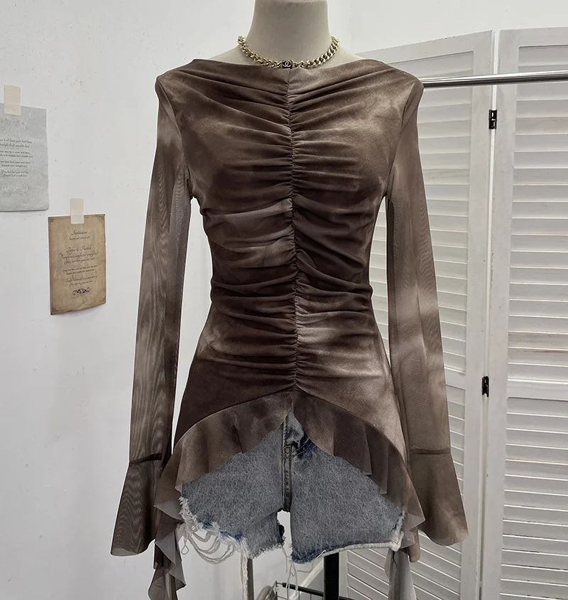 Nigikala Nigikala Shooting Hot Girl Horn Sleeve Net Yarn Bottom Shirt Girl Body Waste Wind Irregular Ribbon Long-Sleeved Top 2708