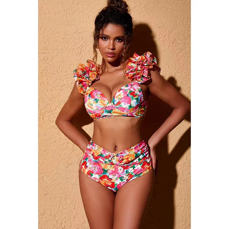 Ruffled Straps Floral Print Bikini Swimsuit and Skirt Flaxmaker