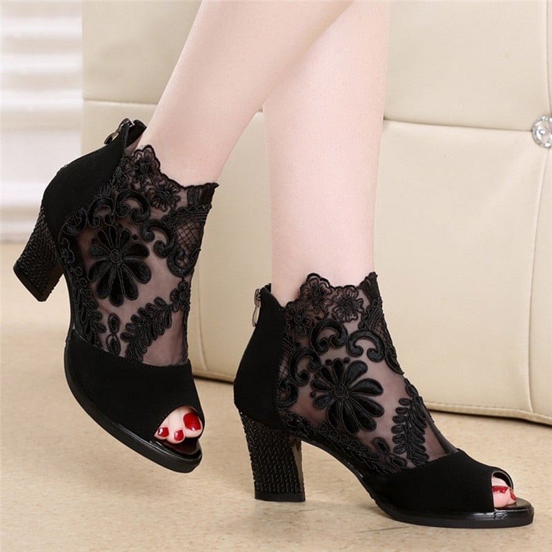 Lucyever Women Sandals Square High Heel Summer Shoes Woman Sexy Flower Lace Hollow Peep Toe Gladiator Sandalias Plus Size 35-43