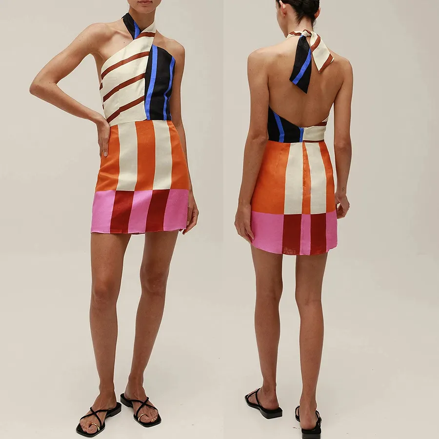 Women's Halter Color Block Striped Mini Dress
