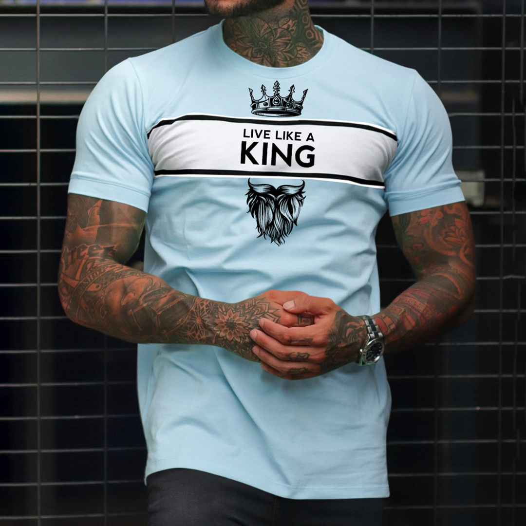 Men's Fashion Live Like A King Print Color Matching Casual Slim Fit Short Sleeve T-Shirt
