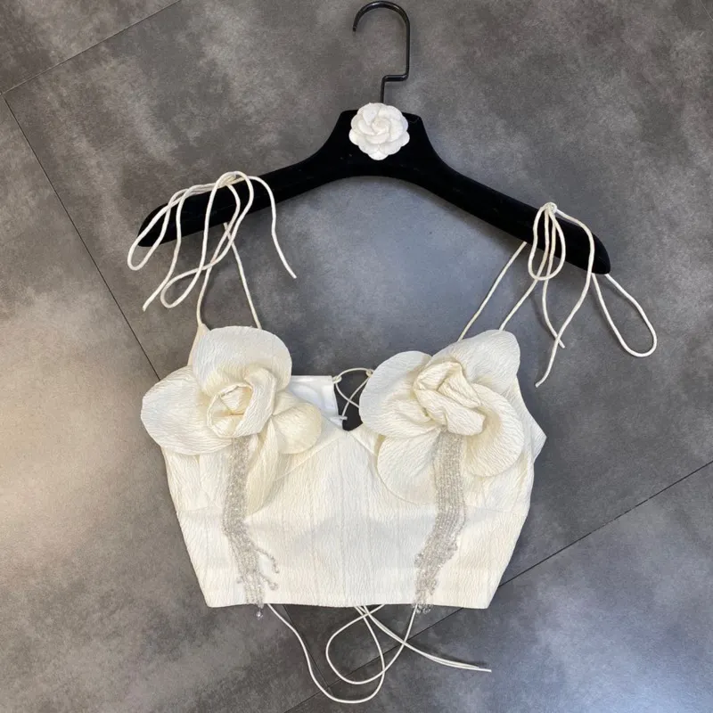 Fall Sleeveless Drawstring Bow Rhinestone Beadings Tassel Beige Camisole Women Gc709