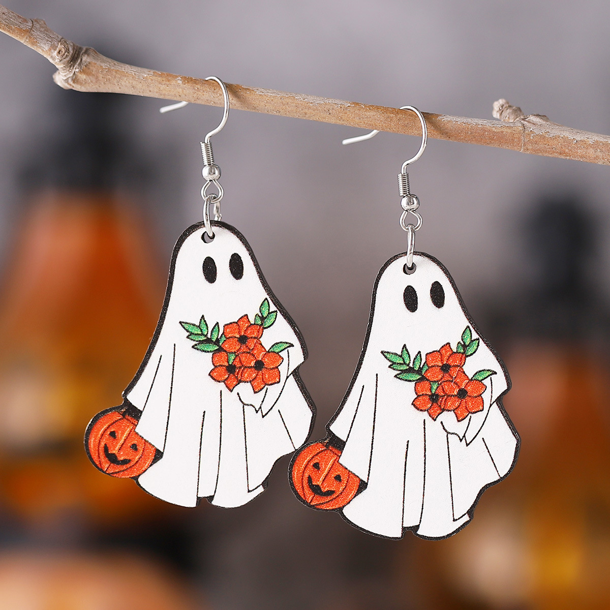 Halloween White Ghost Pumpkin Wooden Earrings 2024 - Flycurvy 