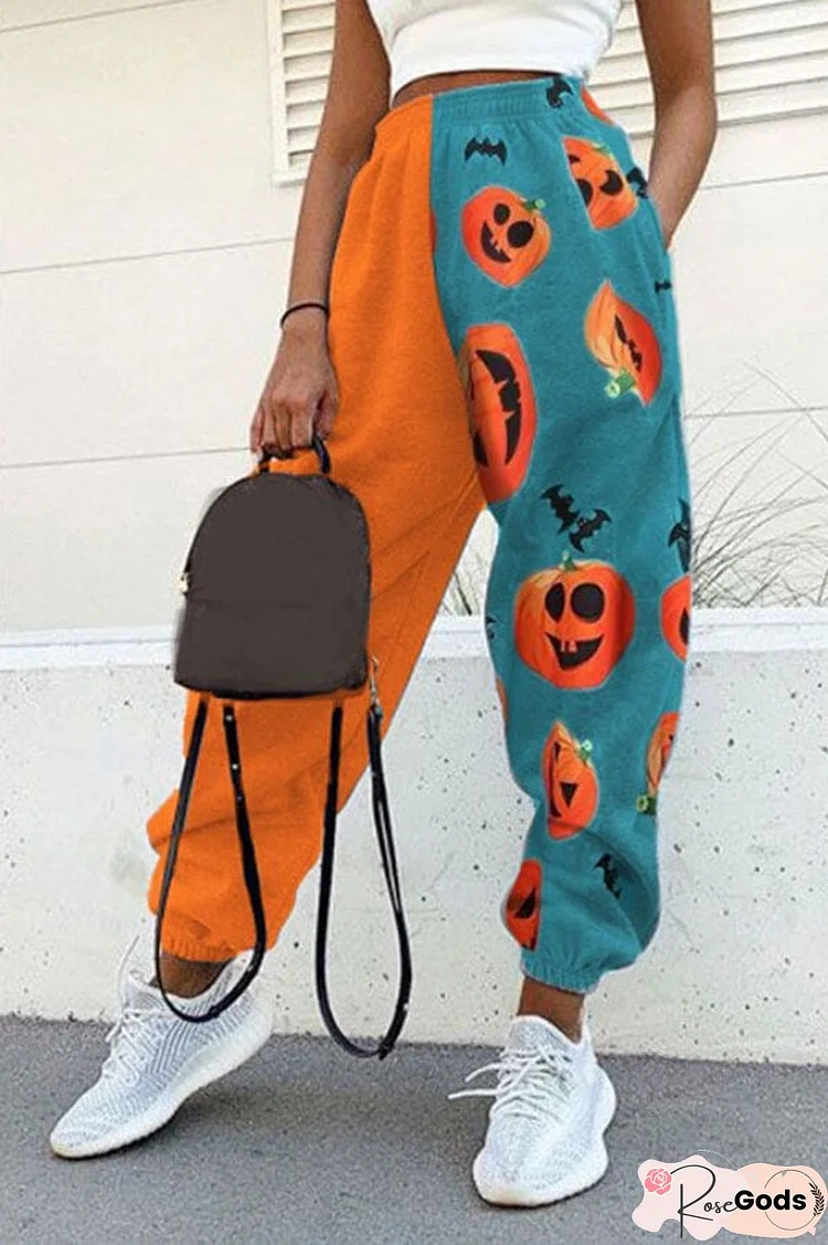 Fashion Halloween Print Patchwork Trousers