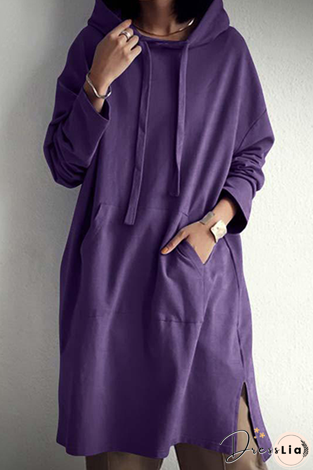 Casual Street Solid Draw String Pocket Slit Hooded Collar Tops