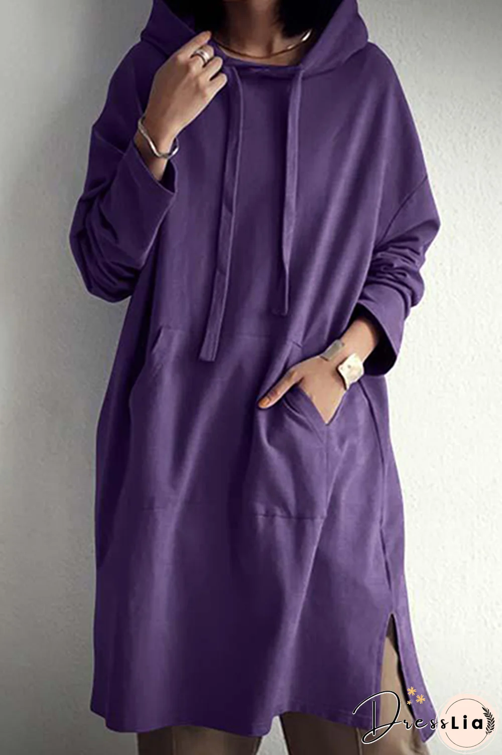 Casual Street Solid Draw String Pocket Slit Hooded Collar Tops