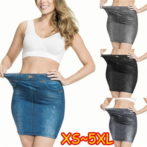 Women Fashion Print Seamless Skirt Faux Denim Jean Skirts Short Slim High Waist Elastic Mini Dress Plus Size XS~5XL