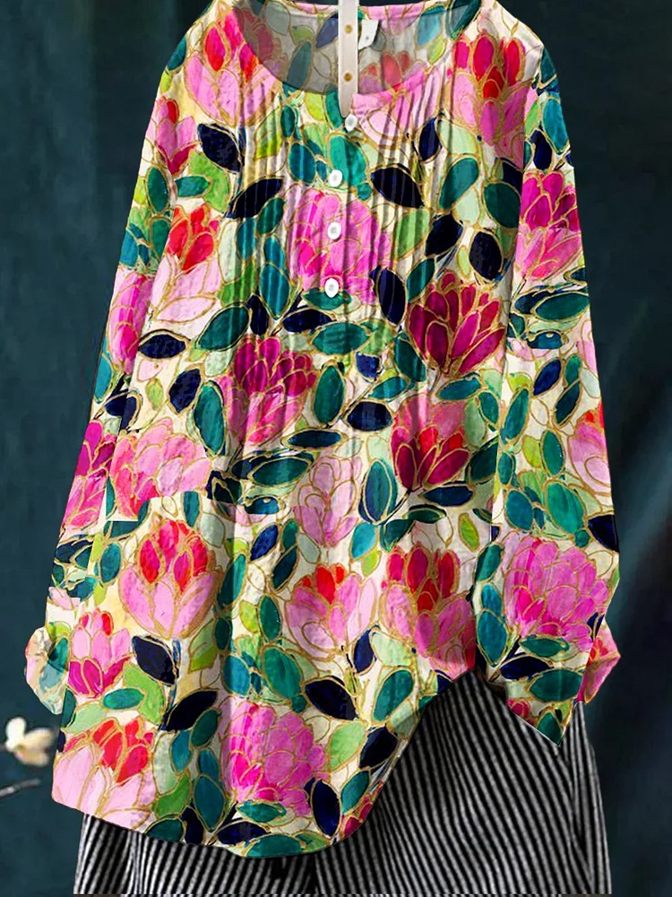 Women's   Flower Art Print Casual Cotton And Linen Shirt