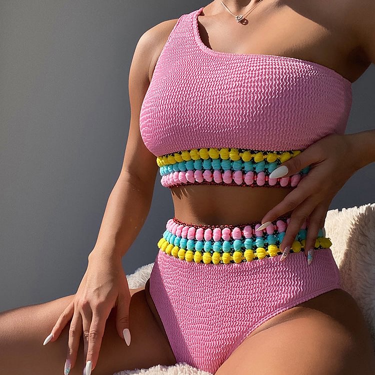 Sexy One Shoulder Colorful  Bikini Swimsuit