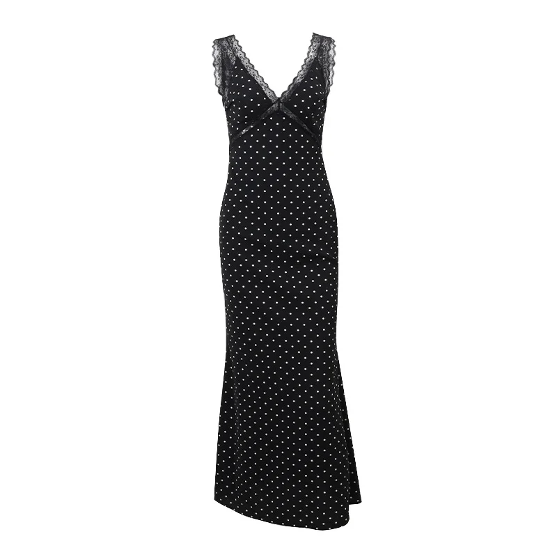 Pongl Pongl Summer New Sexy Temperament Lace Splice Wave Dot High Waist Slim Dress Dress