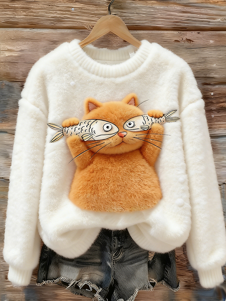 Fish-eating Cat Plush Warm Turtleneck Sweatshirt wearshes