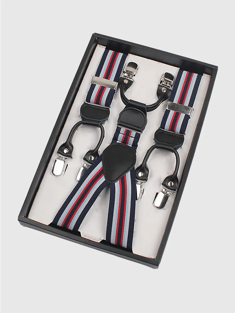 British Style Gradient Blue Striped Six Clips Elastic Men's Suspenders BestDVibe