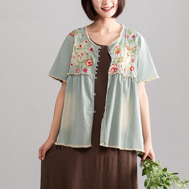 VCSHOES pure cotton blouse trendy plus size Embroidery Women Summer Short Sleeve Loose Denim Tops