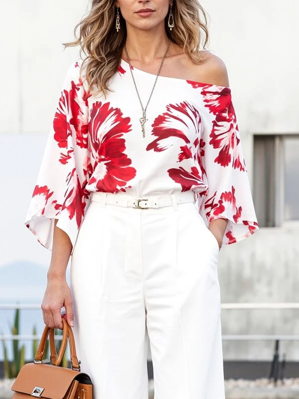 Long Sleeves Loose Contrast Color Flower Print One-Shoulder Blouses&Shirts Tops