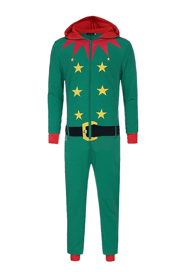 Womens Long Sleeve Hooded Zipper Christmas Santa Helper Pajamas Green-elleschic