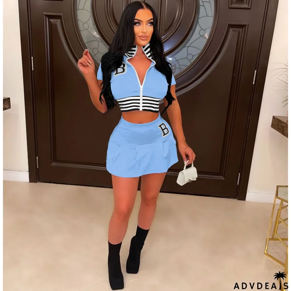 Women'S Summer Short-Sleeved Embroidery Two-Piece Skirt Suit