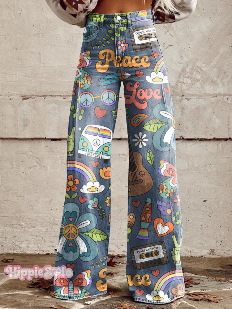 Women’s Vintage Hippie Camper Van Print Casual Wide Leg Pants Multicolor / S