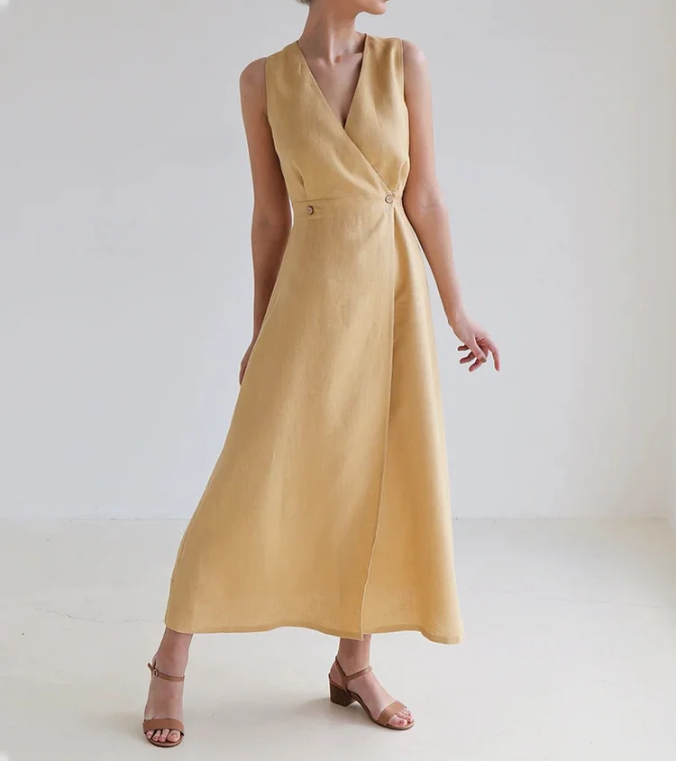 Light Yellow Solid Color Linen Wrap Dress