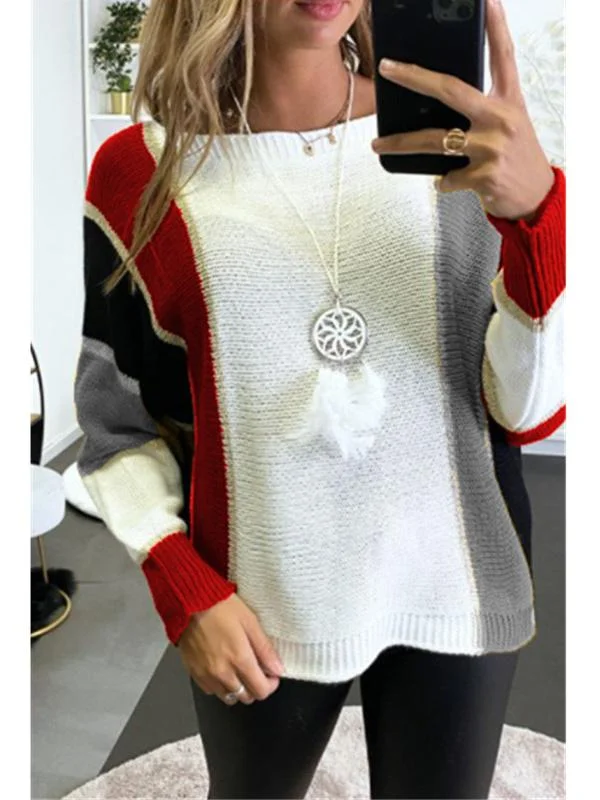 Women's Color Block Knitted Scoop Neck Long Sleeve Sweater Top