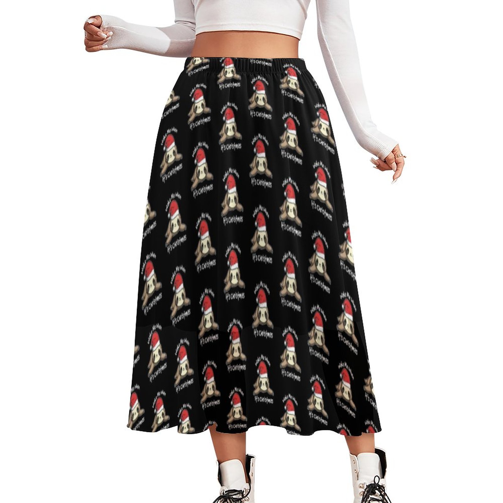 Wake Me Up When Its Christmas Sloth Candy Cane Double-Layered High Waist Midi Chiffon Skirt