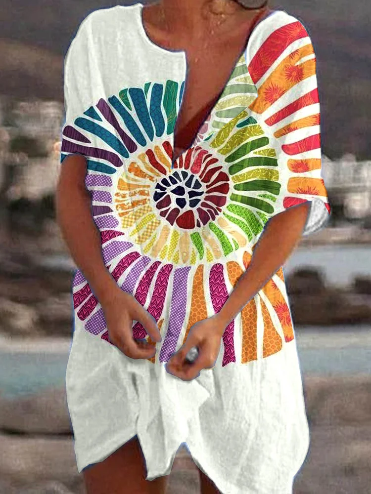 Women's Artistic Colorful Conch Pattern Printed Cotton And Linen Dress