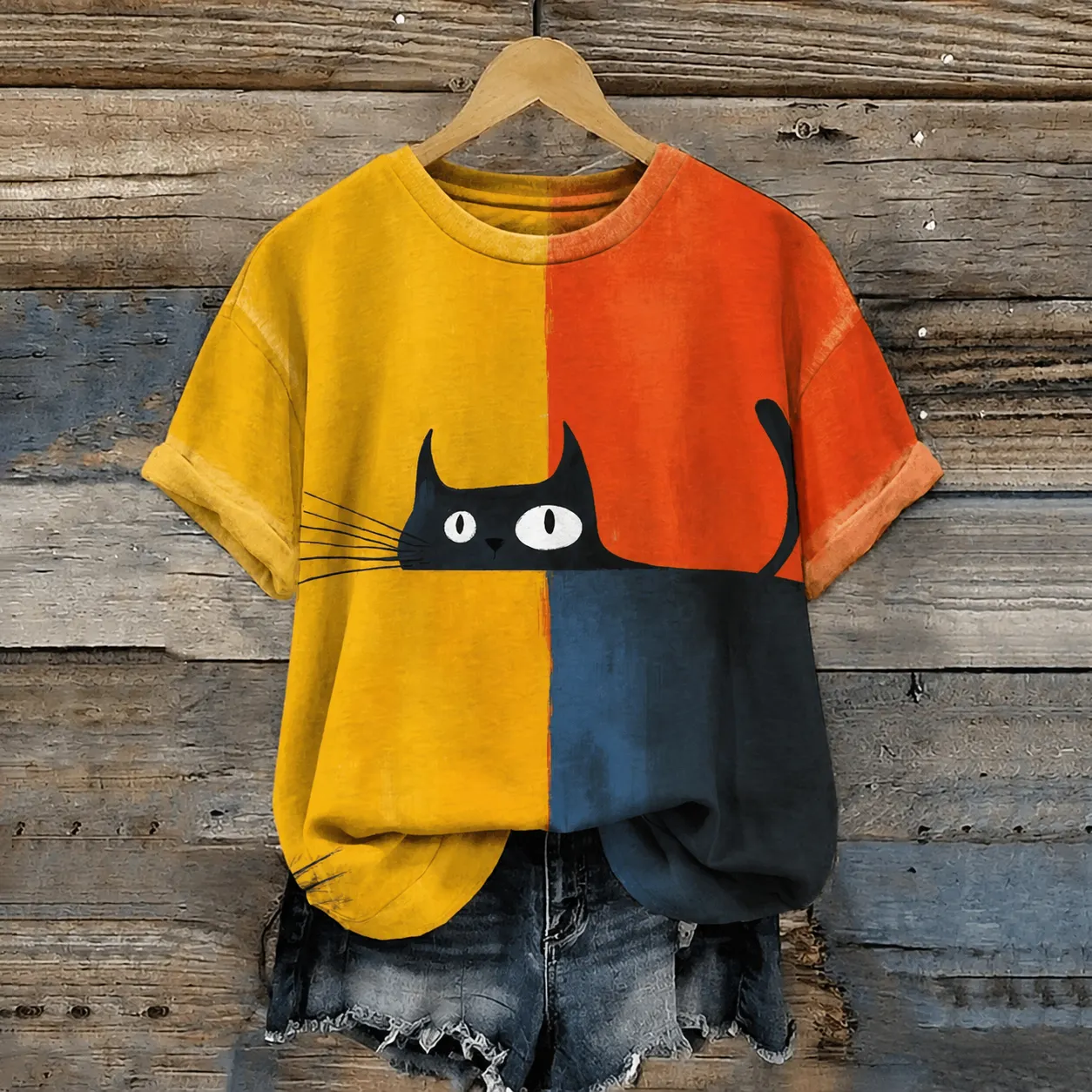 Comstylish Women's Cat Art Print Crew Neck Short Sleeve T-shirt