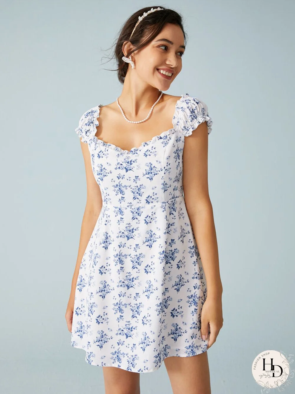 Blue Floral Print Backless Ruffle Sleeve Elegant Mini Dress