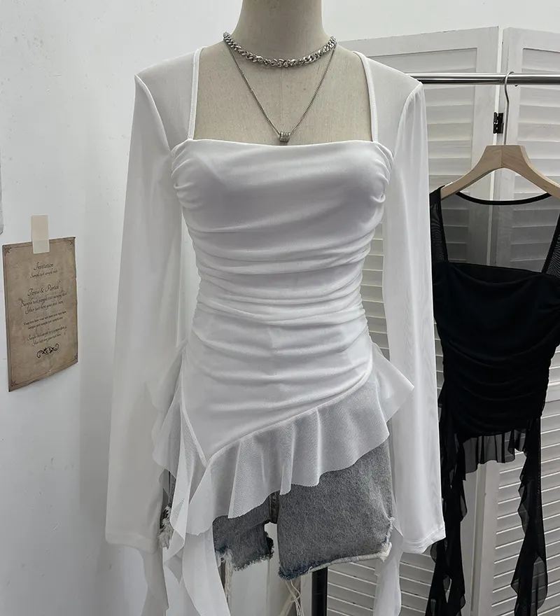 Nigikala Nigikala Shooting Collar Low-Breast Sexy Mesh Yarn Long-Sleeved Top Irregular Ribbon To Repair Hottie T-Shirt 8096