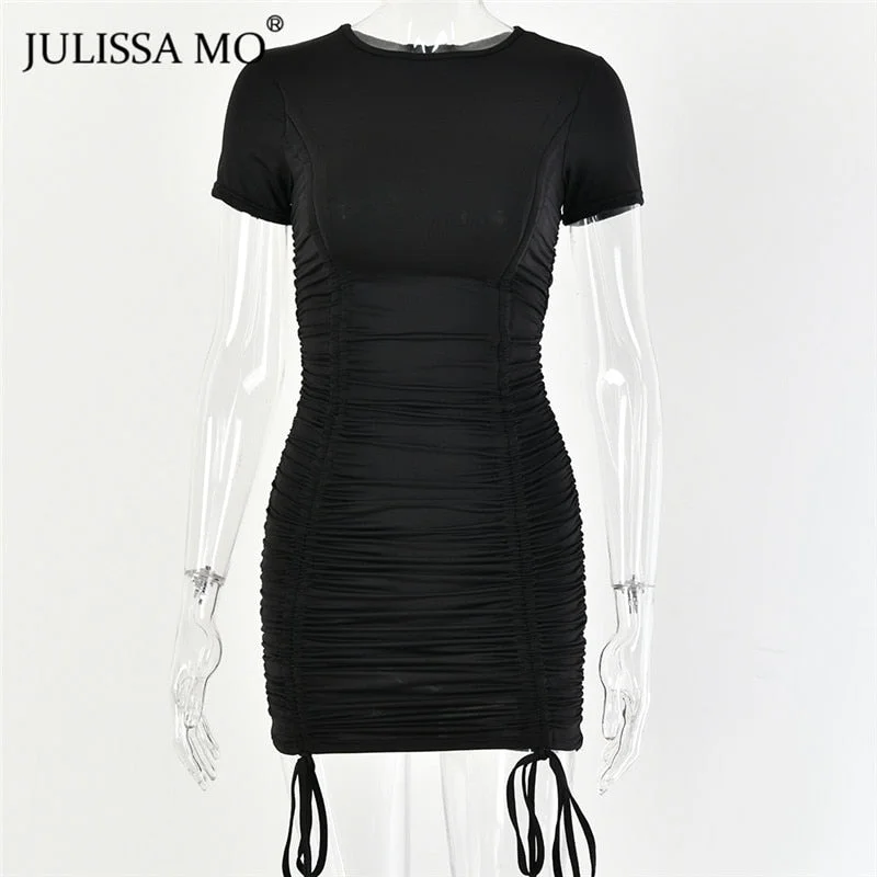 JULISSA MO White Drawstring Ruched Summer Dress Women Sexy Skinny Bodycon Bandage Dress New Casual Short Sleeve Mini Dresses