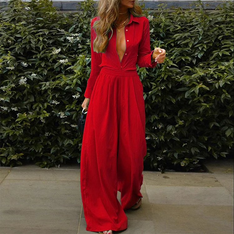Casual Loose Shirt Wide Leg Trousers Two-piece Set