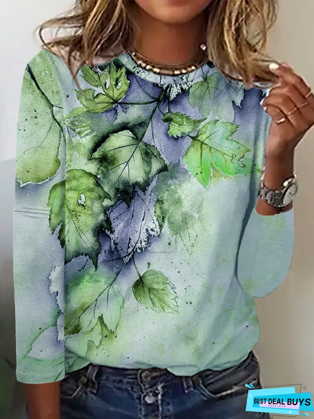 Leaf Printed Long Sleeve Casual T-Shirt