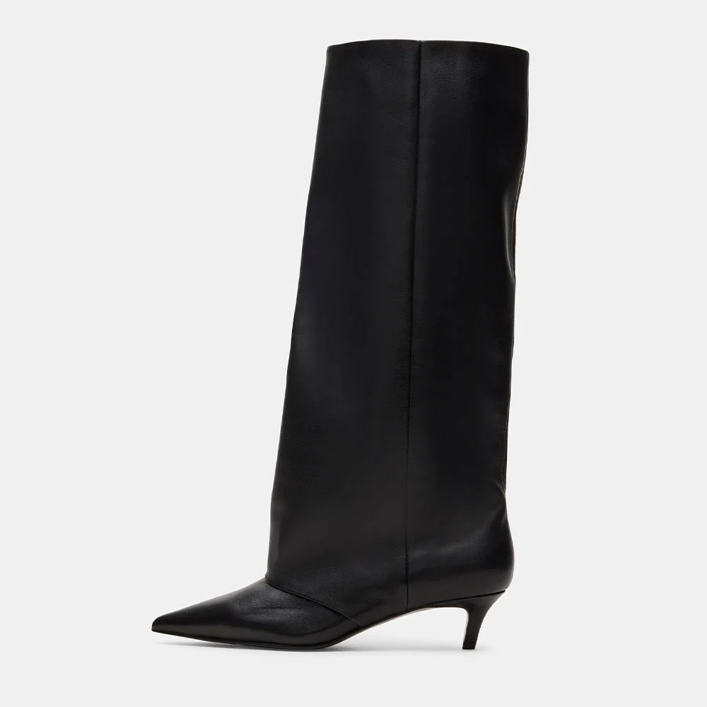 Black Faux Leather Pointed Toe Kitten Heel Knee High Boots for Women