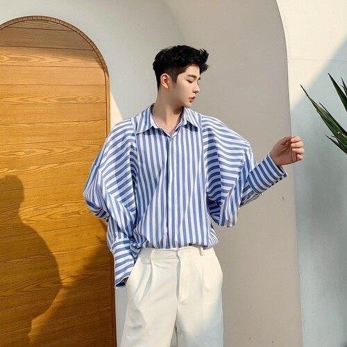 Dawfashion-Fashion Puffy Sleeve Shirt Casual Blue and White Striped Shirt Striped Long Sleeve Shirt-Yamamoto Diablo Clothing