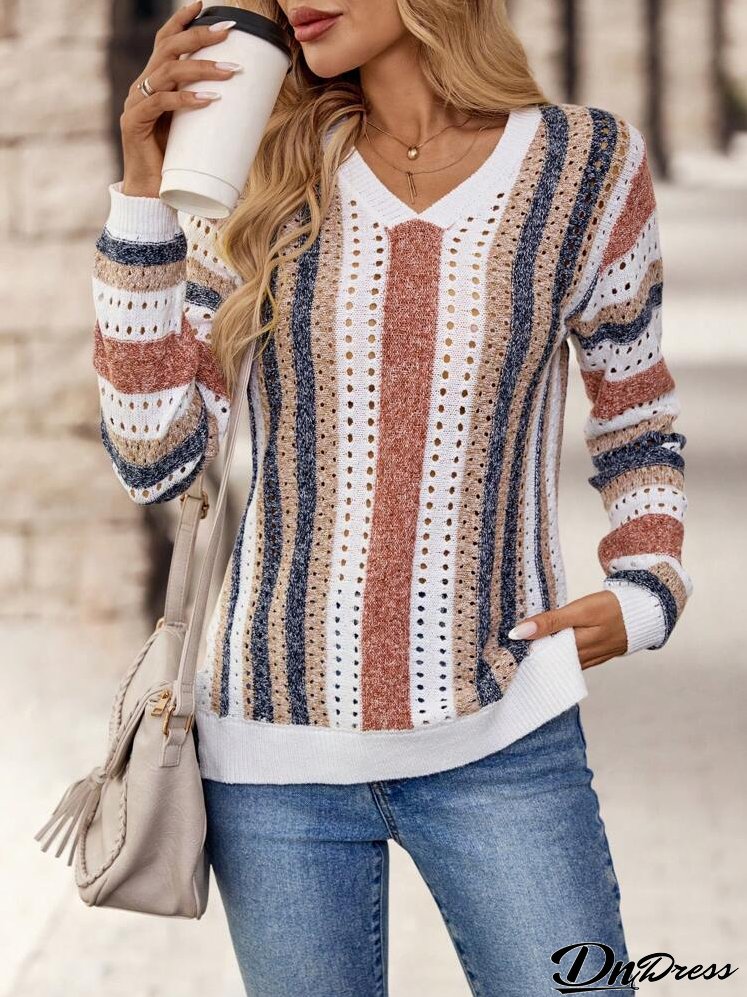 Women's Striped V-Neck Sweater With Hollow Out Design, Long Sleeve, Casual And Comfortable